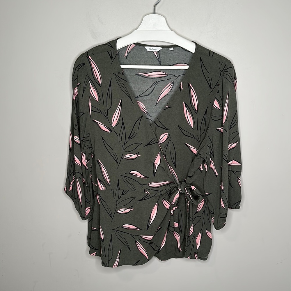 Reitmans Green Leaf Print Wrap Blouse